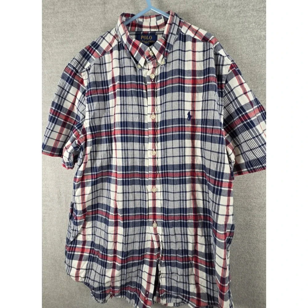RALPH LAUREN Boys XL 18-20 Button Up SHIRT Short Sleeve RED White Blue PLAID